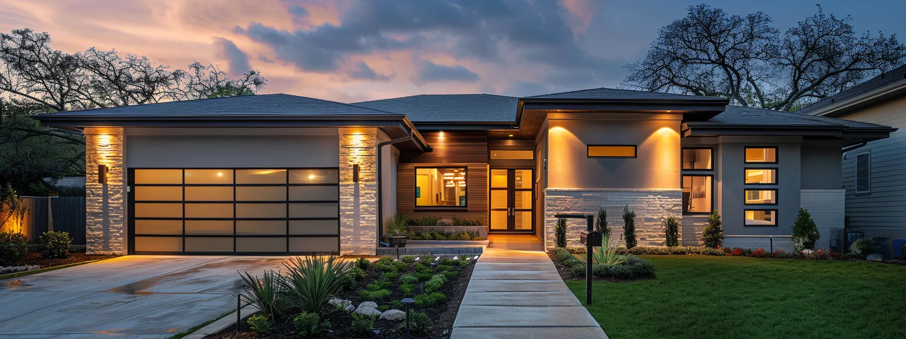 a modern suburban home stands confidently at dusk, bathed in warm exterior lighting, showcasing a neatly maintained lawn and a two-car garage, against a slightly cloudy sky that hints at impending storms, highlighting the importance of reliable backup power.