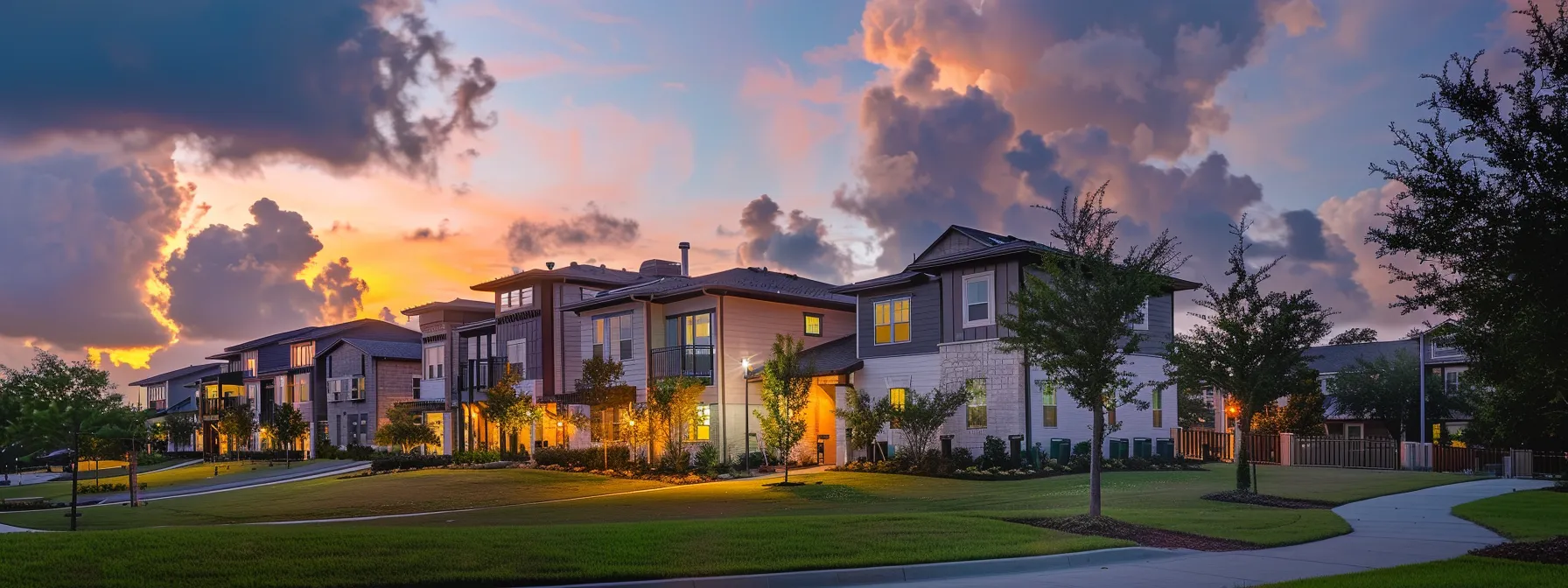 a modern suburban home stands proudly at dusk, illuminated by warm exterior lights, with a well-kept lawn and a subtle backdrop of gathering clouds, highlighting the importance of reliable backup power amidst the tranquil neighborhood setting.