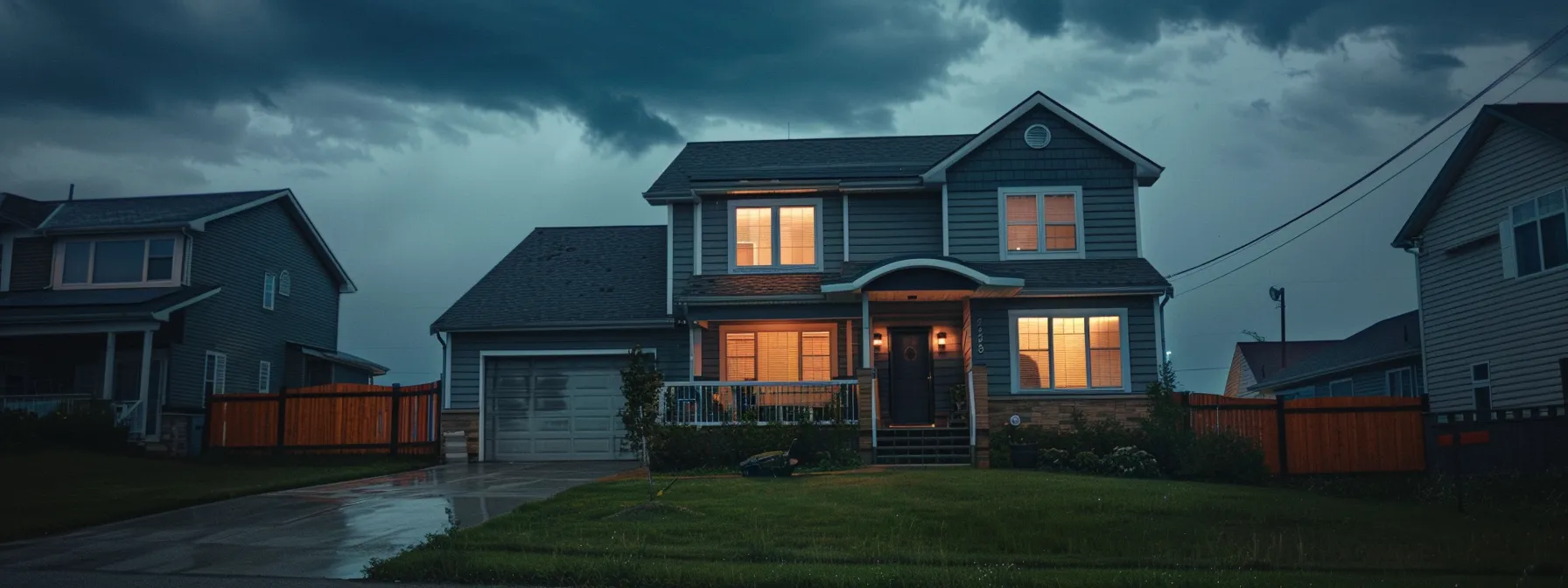 a modern suburban home stands invitingly at dusk, warmly illuminated amidst a neatly maintained lawn and a peaceful neighborhood, as ominous clouds hint at the importance of reliable generator repair services for storms that may come.