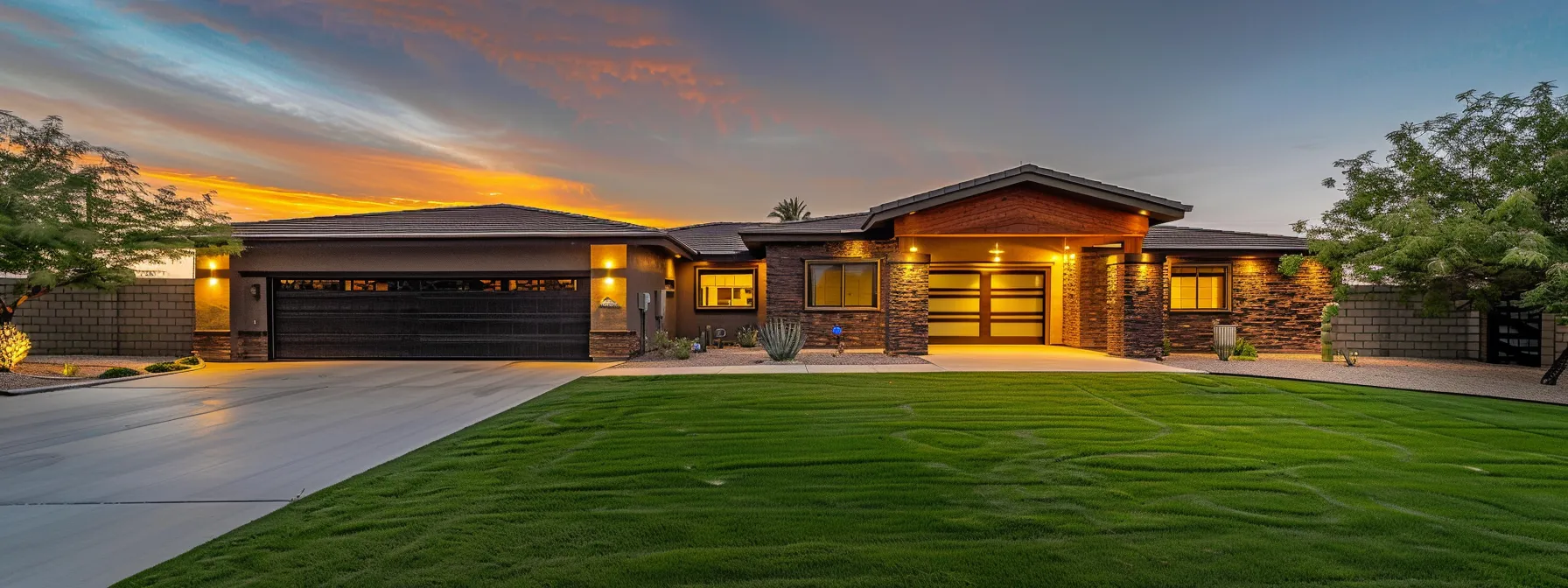 a modern suburban home stands proudly at dusk, radiating warm exterior lights, with a neatly maintained lawn and a two-car garage under a slightly cloudy sky, symbolizing the importance of reliable generator service amidst the looming threat of storms.