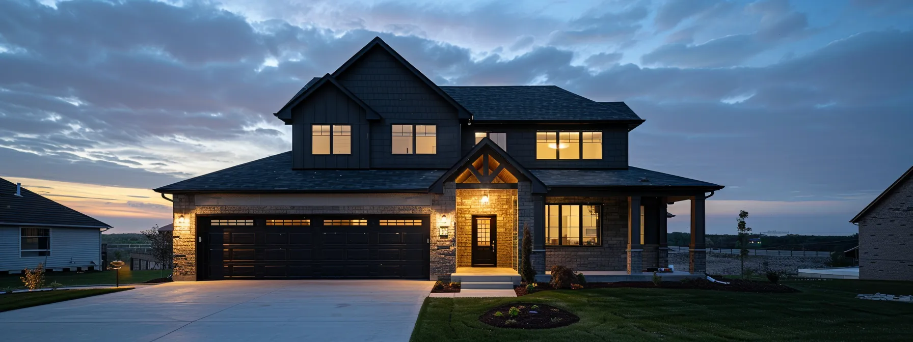 a modern suburban home stands resilient at dusk, warmly illuminated against a backdrop of slightly cloudy skies, reflecting the importance of reliable backup power amidst the looming threat of storms.