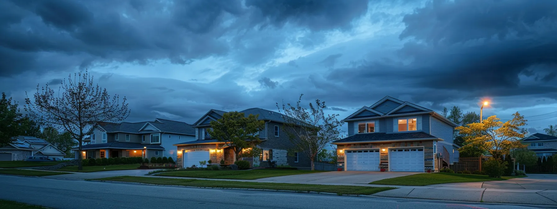 a modern suburban home stands illuminated at dusk, showcasing a meticulously groomed lawn and a two-car garage, surrounded by a tranquil neighborhood under a cloudy sky, alluding to the essential need for reliable backup power.