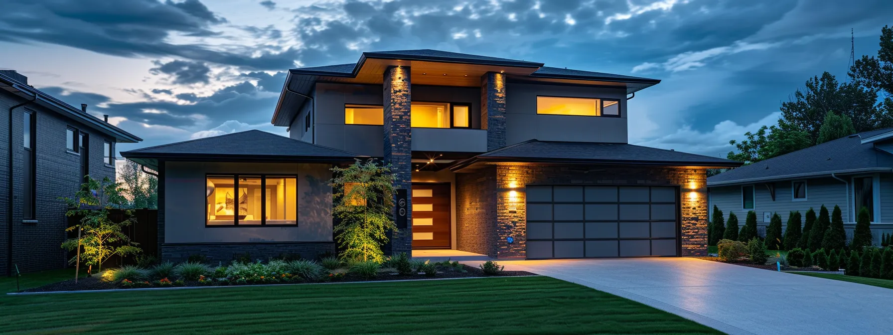a modern suburban home stands at dusk, illuminated by warm exterior lighting, with a neatly maintained lawn, a two-car garage, and a slightly cloudy sky hinting at approaching storms to emphasize the importance of reliable backup power.