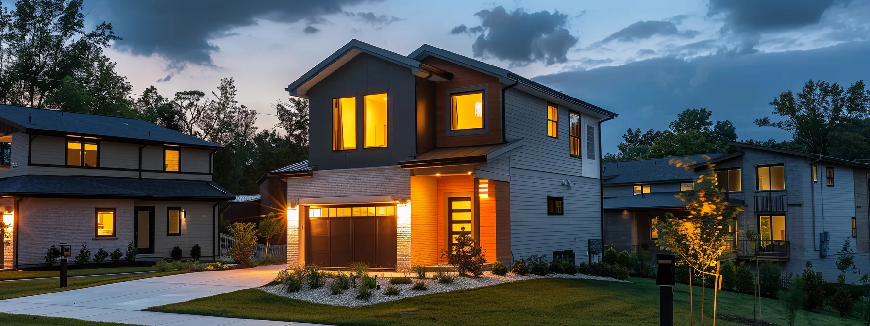 a modern suburban home stands illuminated at dusk, with warm exterior lights enhancing its inviting facade, as a slightly cloudy sky looms overhead, underscoring the importance of backup generator safety standards in kentucky.