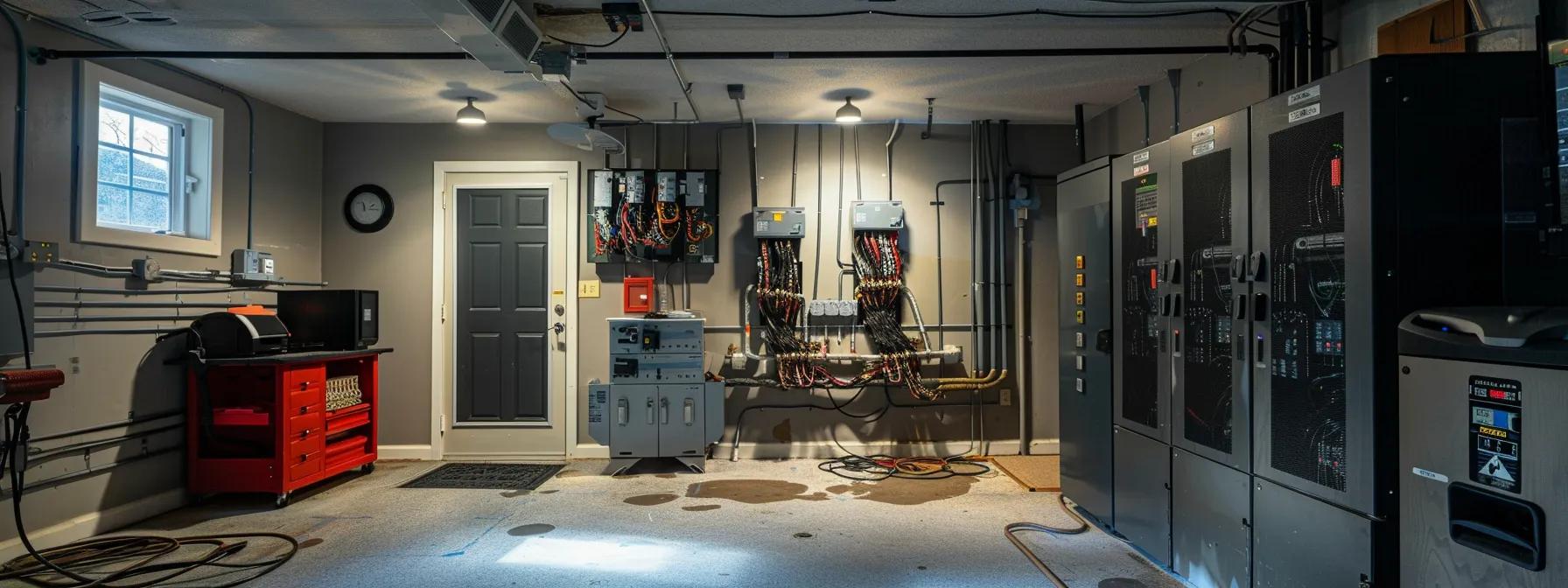 a professional electrician inspects a modern home's electrical panel amidst a well-lit, organized utility room, highlighting the intricate wiring and safety measures essential for maintaining electrical integrity in central kentucky.