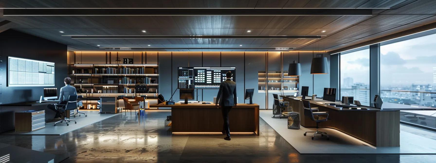 a sleek, modern office environment showcases a professional consultant examining an array of complex electrical diagrams on a digital tablet, with ambient lighting emphasizing the seriousness of expert electrical evaluation.