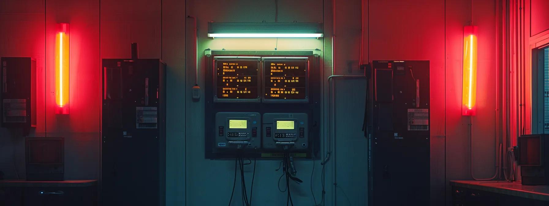 a sleek, modern office environment is illuminated by harsh overhead lights, showcasing a close-up view of an electrical panel with vibrant warning lights, as subtle buzzing and humming sounds resonate from the components, signaling a need for urgent attention.