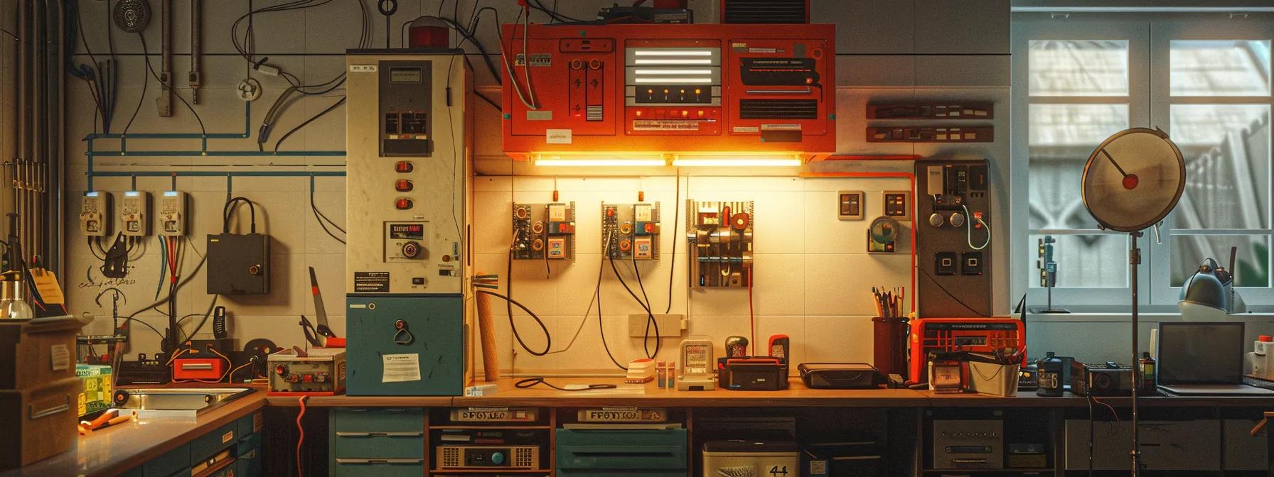 a well-organized home interior with visible electrical panels and tools, illuminated by bright overhead lights, showcases an atmosphere of readiness and professionalism in preparation for an electrical inspection.