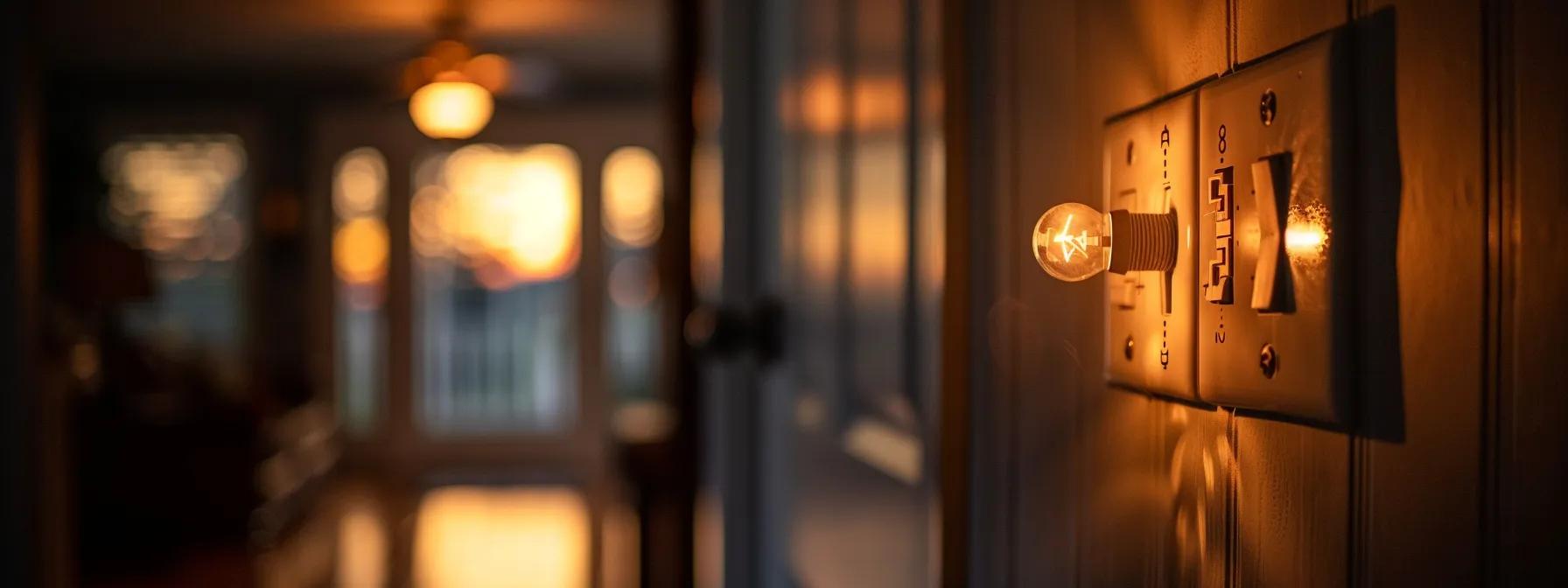 a detailed close-up of a wall panel with flickering electrical outlets and ominous warning signs, set against the backdrop of a dimly lit, modern home in lexington, ky, emphasizing the urgency of homeowners recognizing potential electrical issues.
