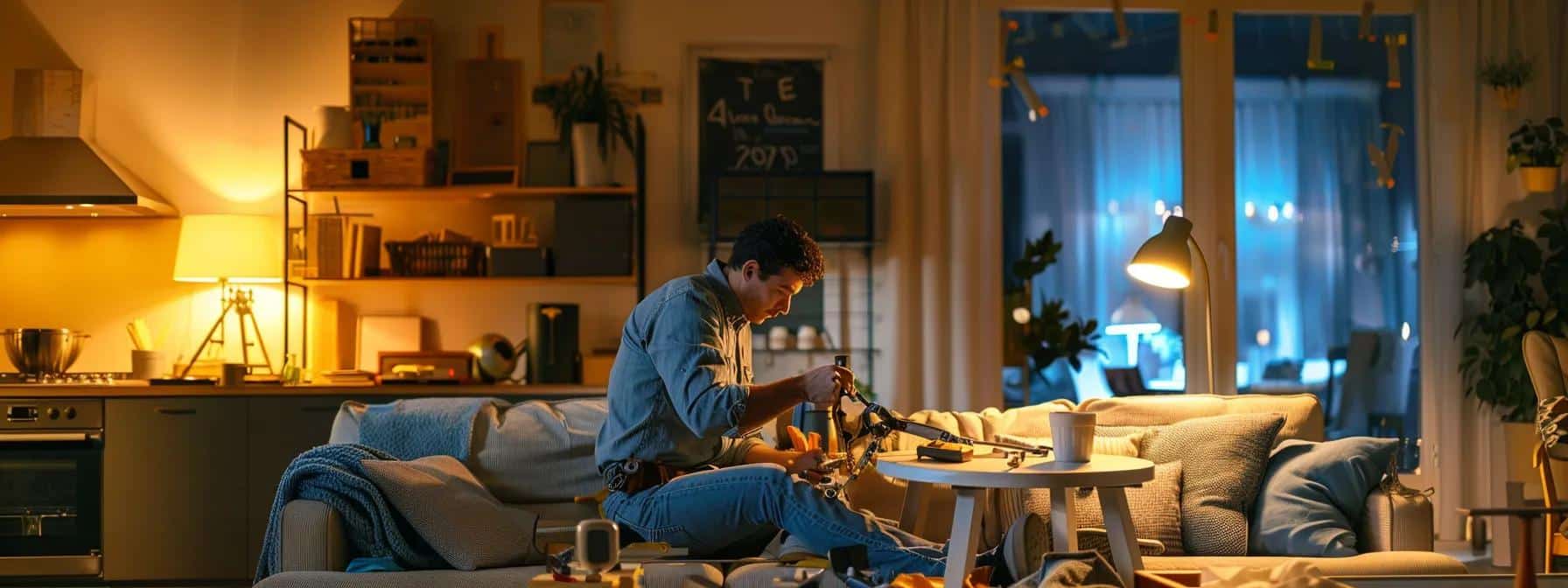 a focused indoor scene depicts a professional electrician in a modern, dimly-lit living room, swiftly addressing a power outage with tools in hand, illustrating a sense of urgency and expertise during an electrical emergency.