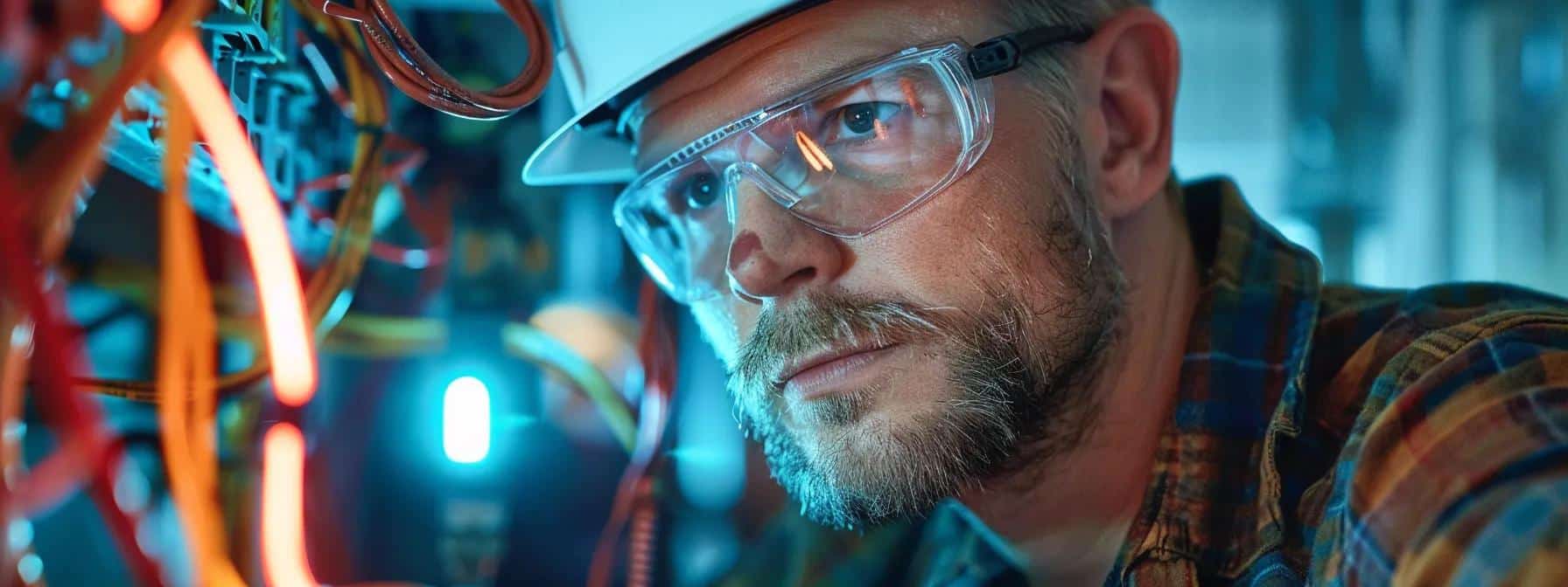 a focused, indoor scene showcases a professional electrician inspecting a residential home's wiring, highlighting frayed wires and disconnected connections against a backdrop of modern tools and safety equipment, with clear, bright lighting emphasizing the urgency of maintaining electrical safety.