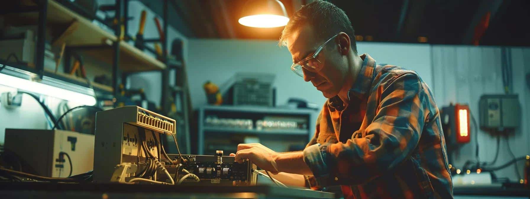 a focused indoor scene of a confident homeowner in a modern, well-organized workshop, examining a circuit breaker with tools laid out, illuminated by bright, overhead lights, emphasizing the theme of safely troubleshooting electrical issues.