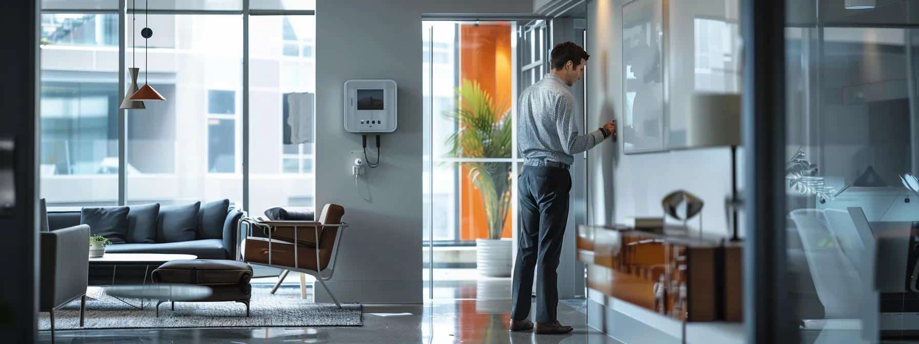a focused urban office scene captures a technician inspecting a malfunctioning electrical outlet on a sleek wall, surrounded by modern furniture and diagnostic tools, emphasizing the importance of electrical safety and maintenance in a professional setting.