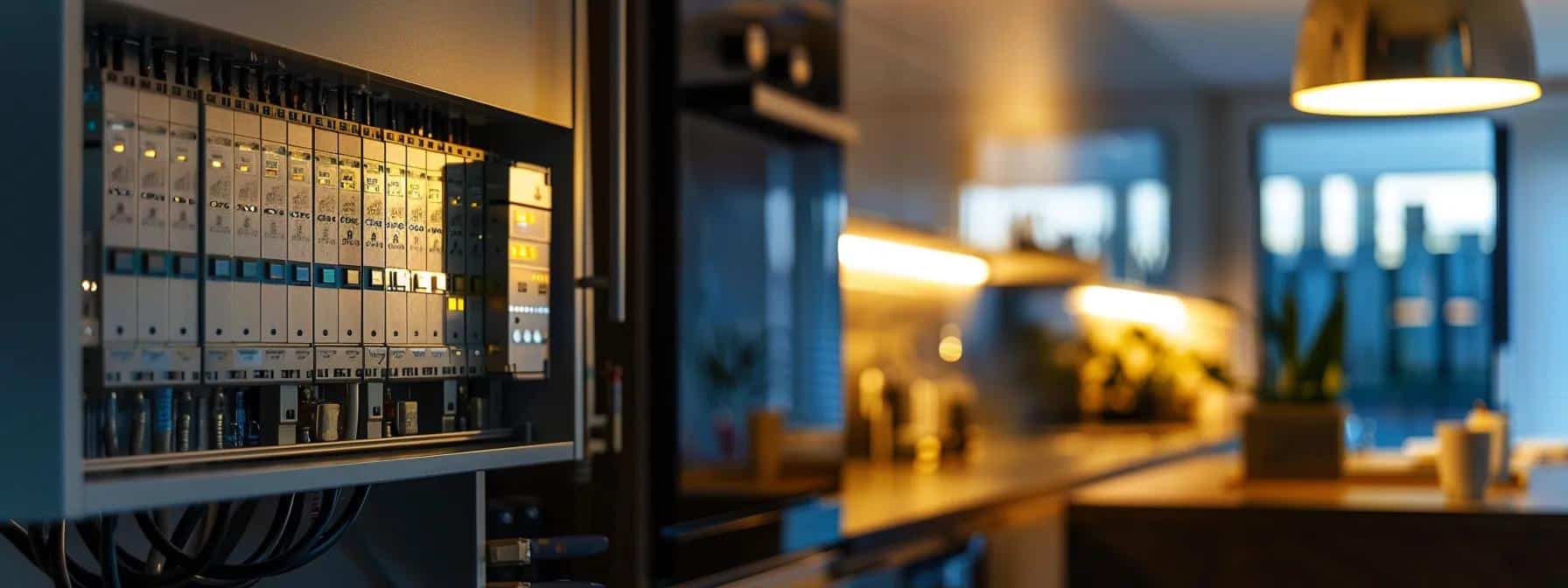 a modern home interior in lexington, showcasing a sleek electrical panel surrounded by safety devices and tools, illuminated by bright, even lighting that emphasizes the importance of electrical safety and maintenance practices.