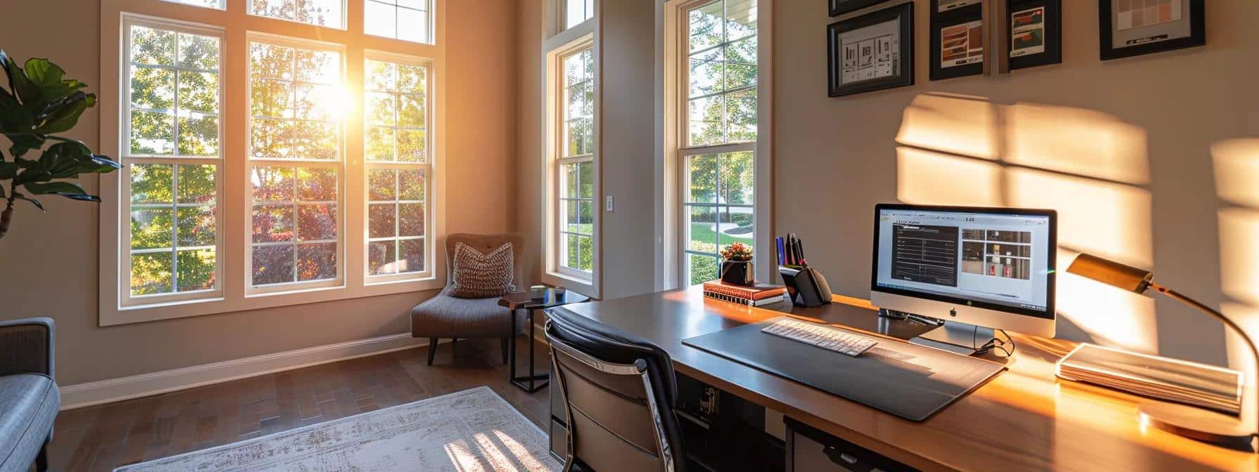 a modern home office in lexington, ky, features a sleek desk equipped with electrical safety codes and guidelines prominently displayed on a tablet, symbolizing the importance of understanding local electrical regulations for homeowners.