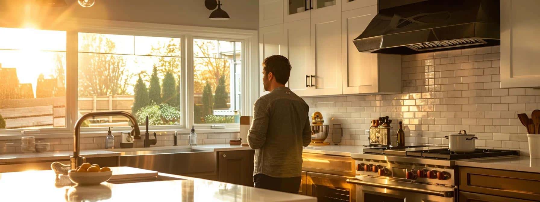 a modern kitchen in a stylish lexington home, featuring a homeowner inspecting a well-organized electrical panel as sunlight streams through a window, highlighting tools and solutions for common electrical issues.