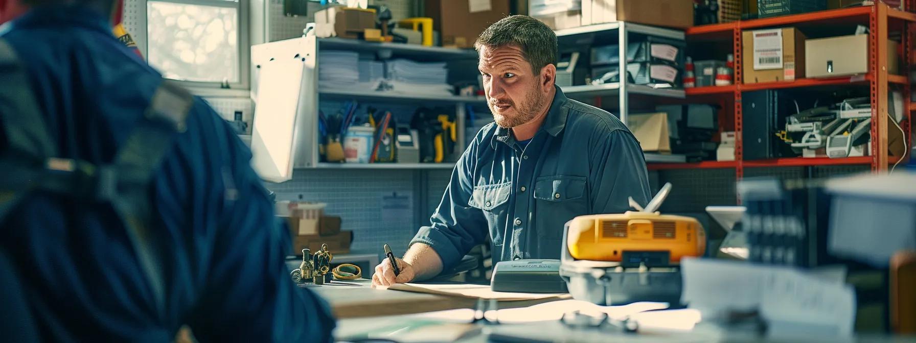 a professional electrician in a well-organized lexington office engages in a focused discussion with a customer, surrounded by tools and service protocols, illustrating the importance of effective communication in addressing complaints and enhancing service quality.