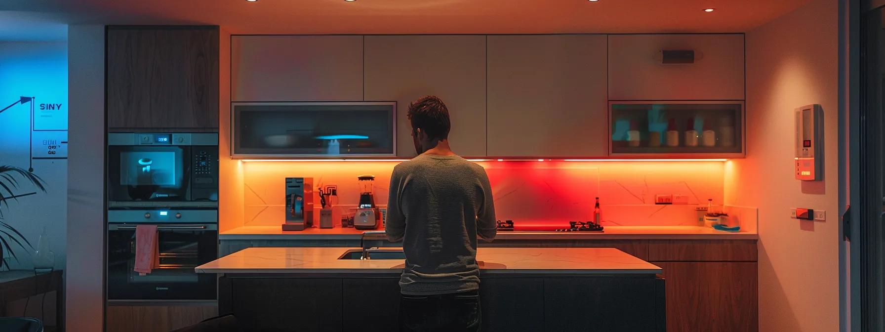 a sleek, modern kitchen illuminated by bright led fixtures showcases a homeowner carefully inspecting an advanced smoke detector and electrical panel, emphasizing the importance of proactive safety measures to prevent electrical fires and shock hazards.