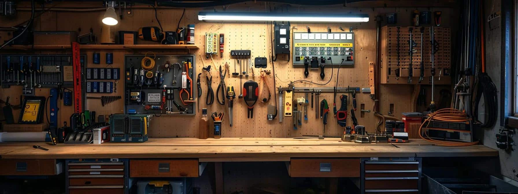 a well-organized home electrical panel, with vivid labels and tools meticulously arranged on a workbench in a modern, bright workshop, showcasing the common electrical issues homeowners face.