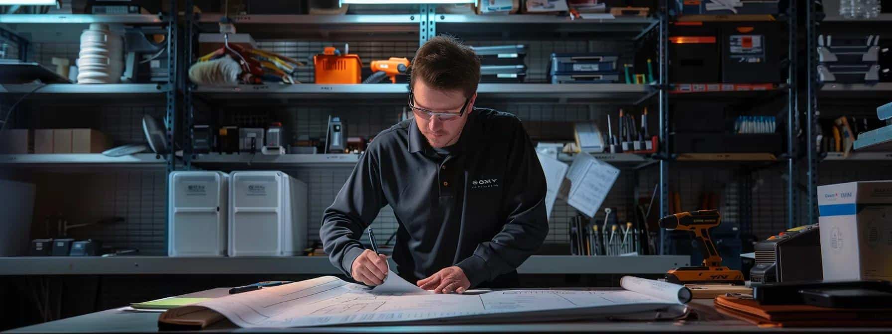 a well-organized, professionally designed workspace showcases an electrician reviewing a detailed blueprint and electrical code manual, with modern tools and safety equipment prominently arranged on a sleek desk, emphasizing the importance of adhering to electrical standards for homeowners.