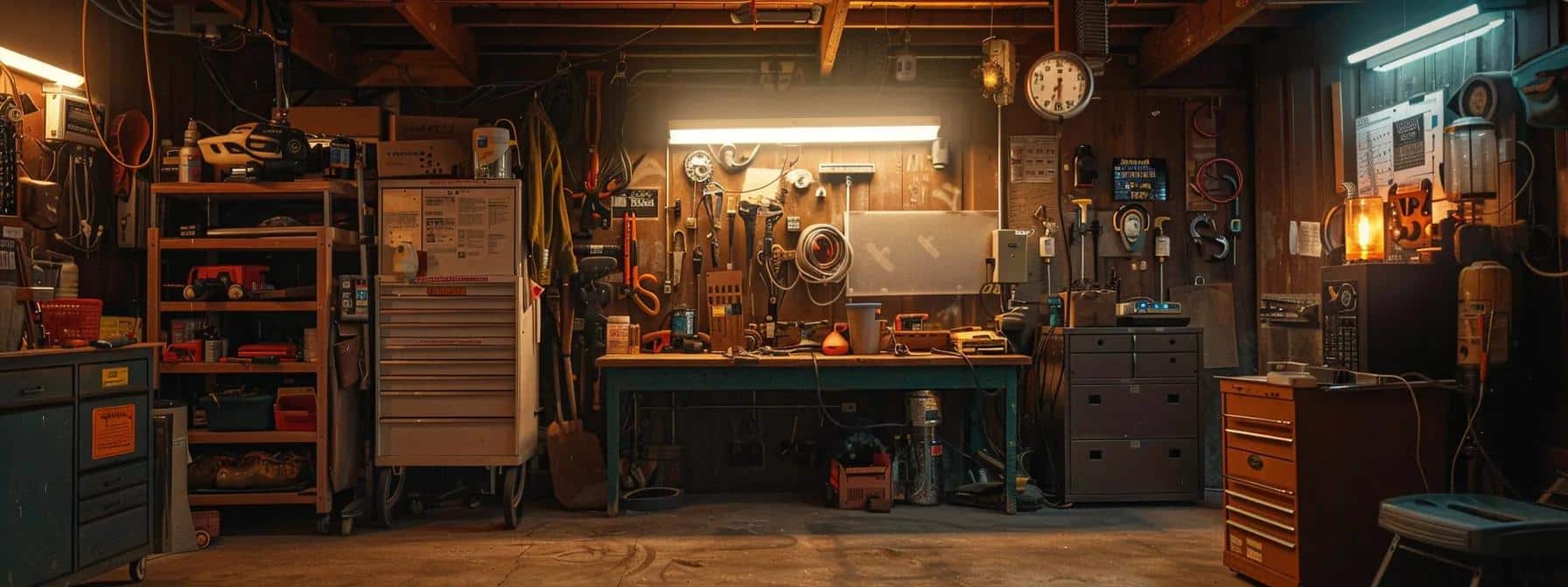 a well-lit workshop featuring a safety-conscious homeowner preparing for electrical repairs, surrounded by insulated tools, a fire extinguisher nearby, and a prominently displayed sign reminding to disconnect power before starting work.