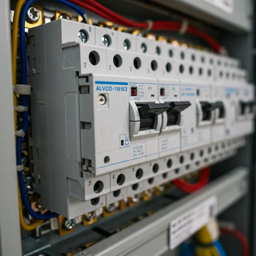 Close-up of a circuit breaker panel with a tripped breaker switch