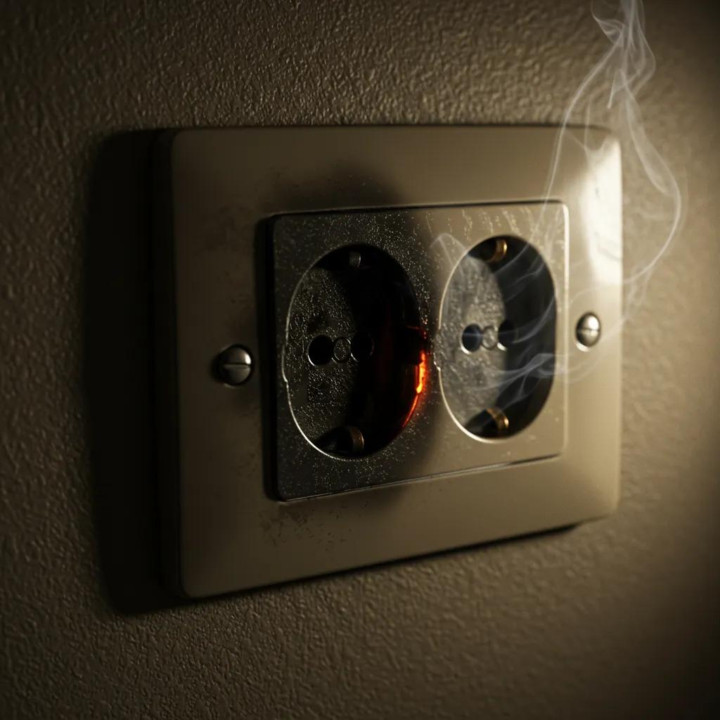 Discolored electrical outlet showing signs of overheating and burning