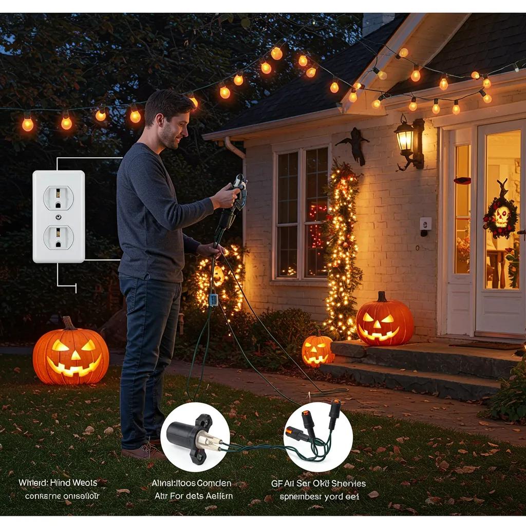 Homeowner setting up outdoor Halloween lights safely
