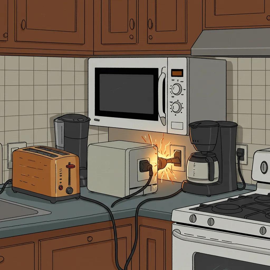 Kitchen scene illustrating an overloaded circuit with multiple appliances causing potential electrical hazards