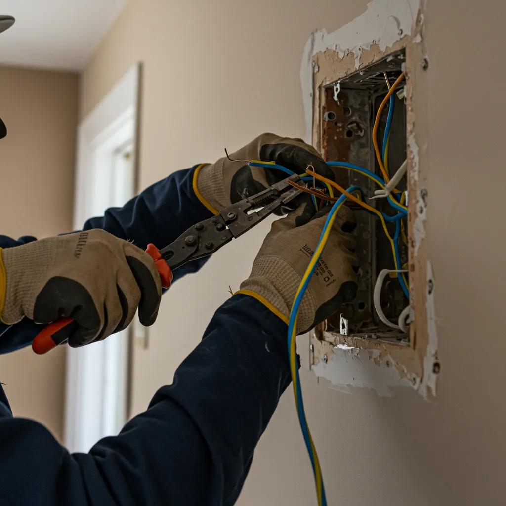 Licensed electrician installing modern copper wiring in a home for improved safety