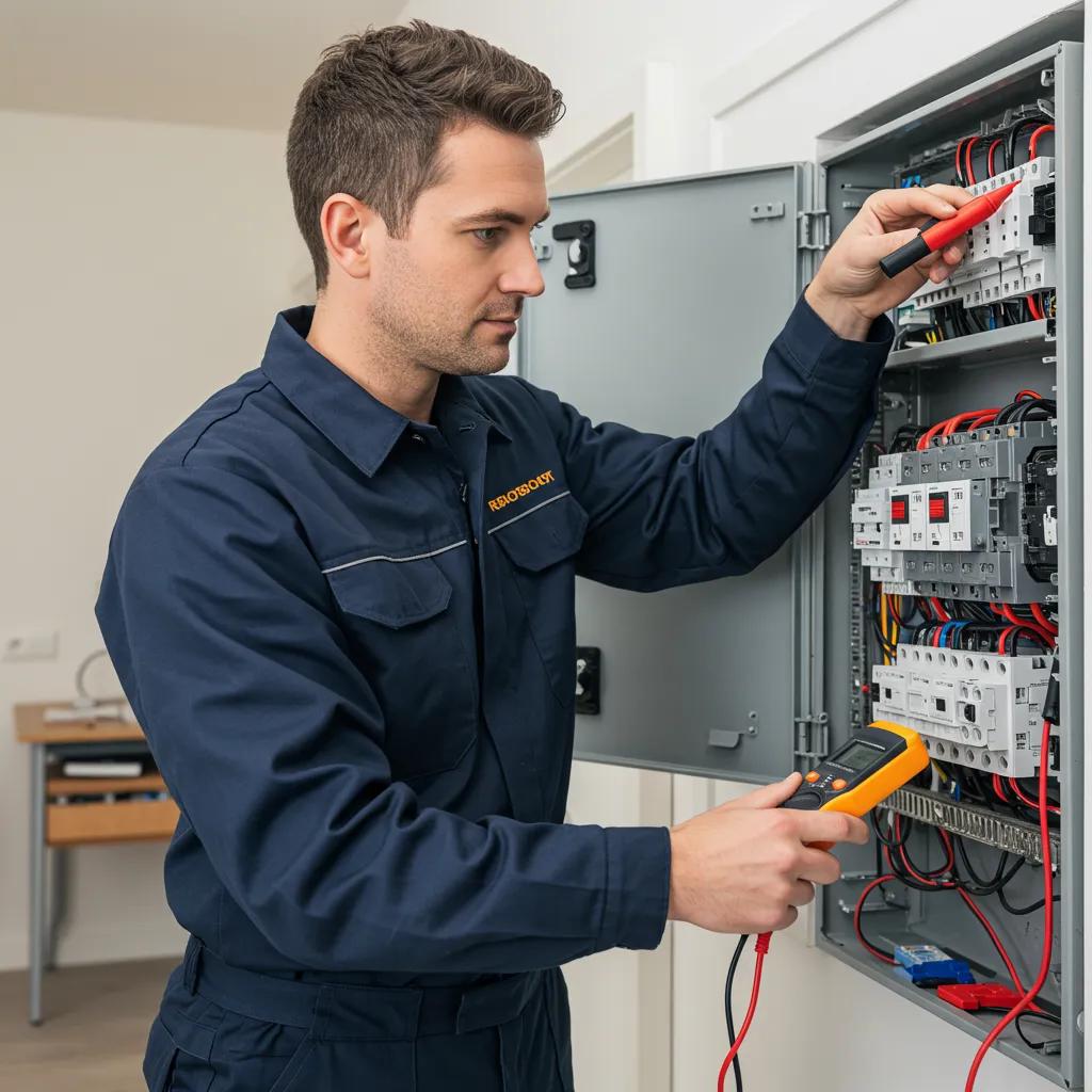 Professional electrician diagnosing electrical panel issues, emphasizing the need for licensed expertise