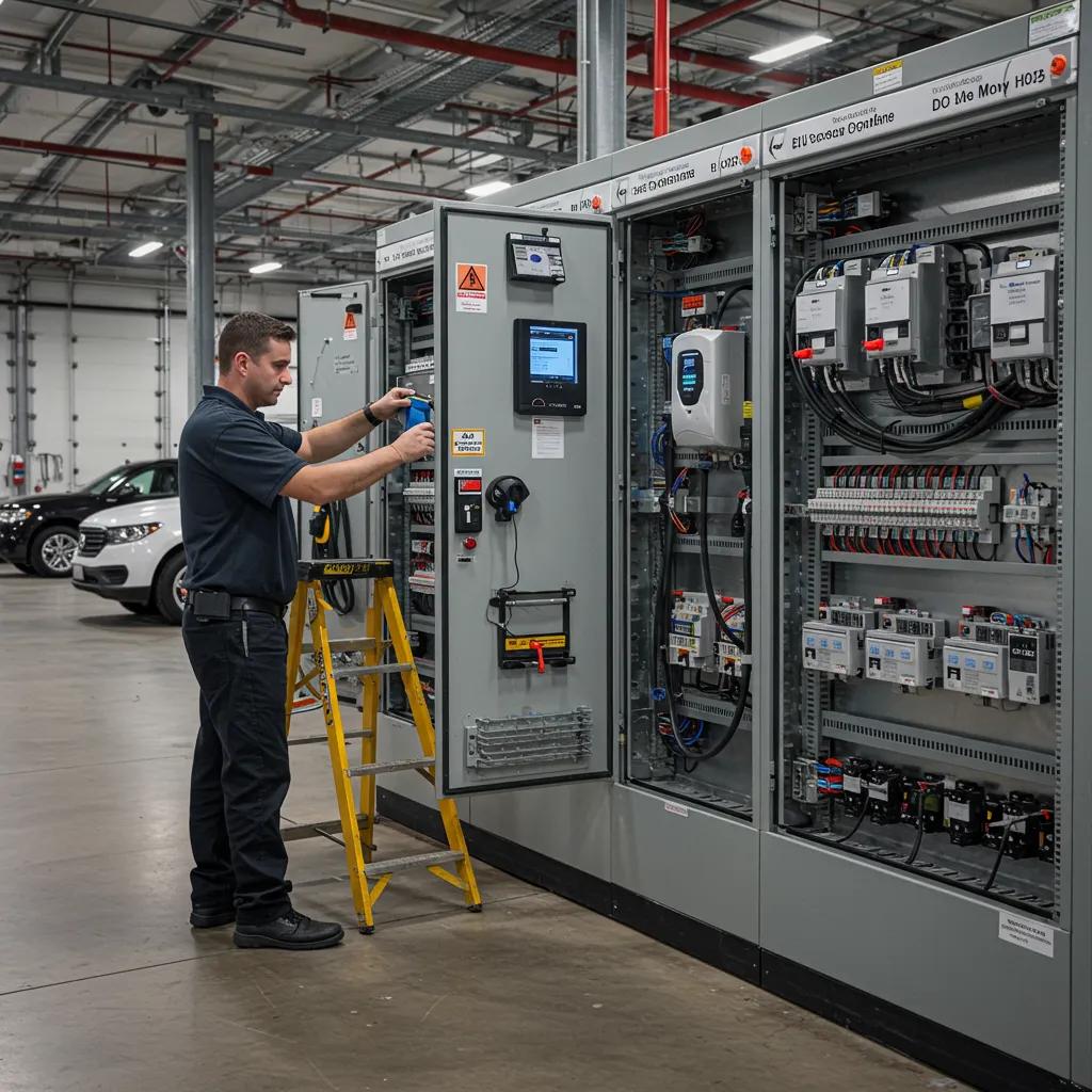 Technician performing a commercial electrical upgrade with EV chargers and dedicated circuits