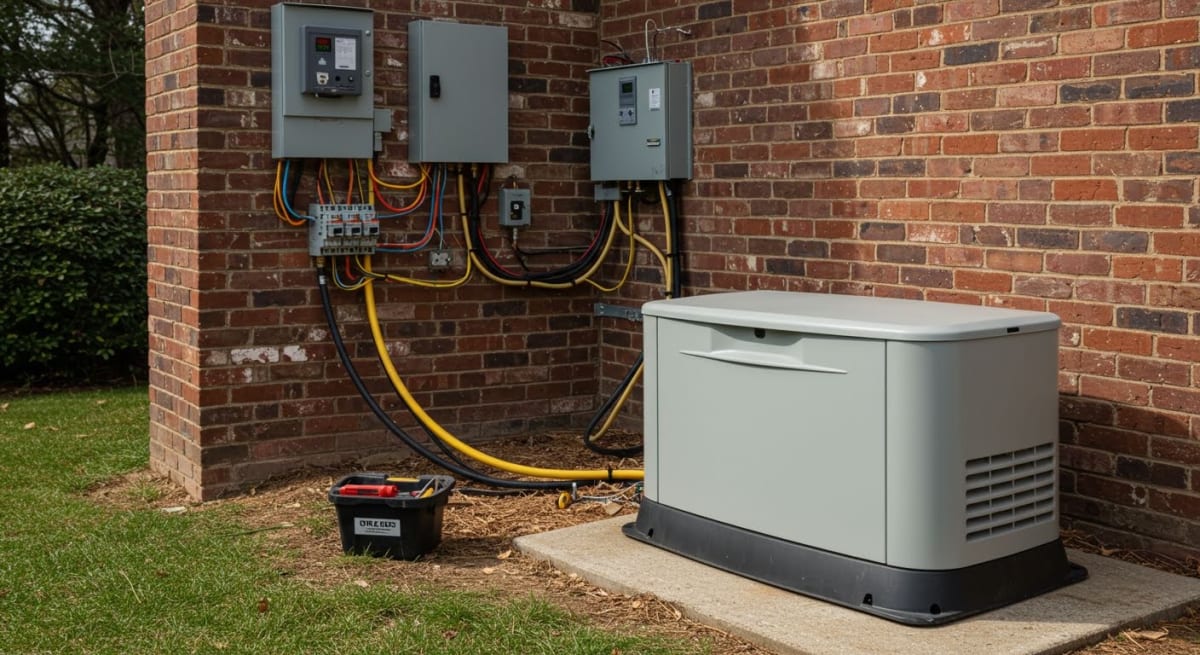home backup generator - standby generator installed outside residential home providing emergency power