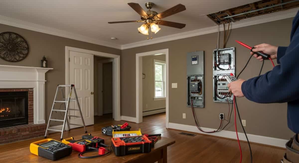 licensed electrician performing complete ceiling fan installation with proper wiring and mounting