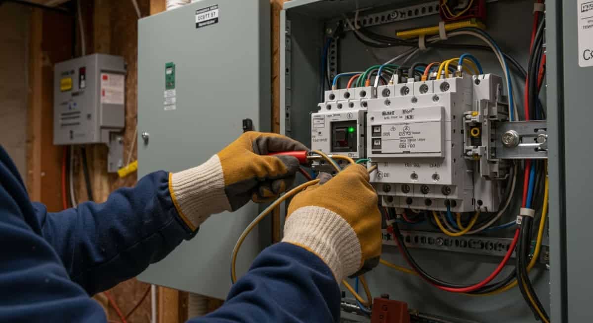 home backup generator - licensed electrician installing automatic transfer switch in electrical panel