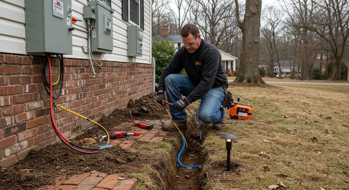 Professional Installation vs. DIY: What Lexington Homeowners Should Know licensed electrician installing landscape lighting system with proper conduit burial in Lexington Kentucky