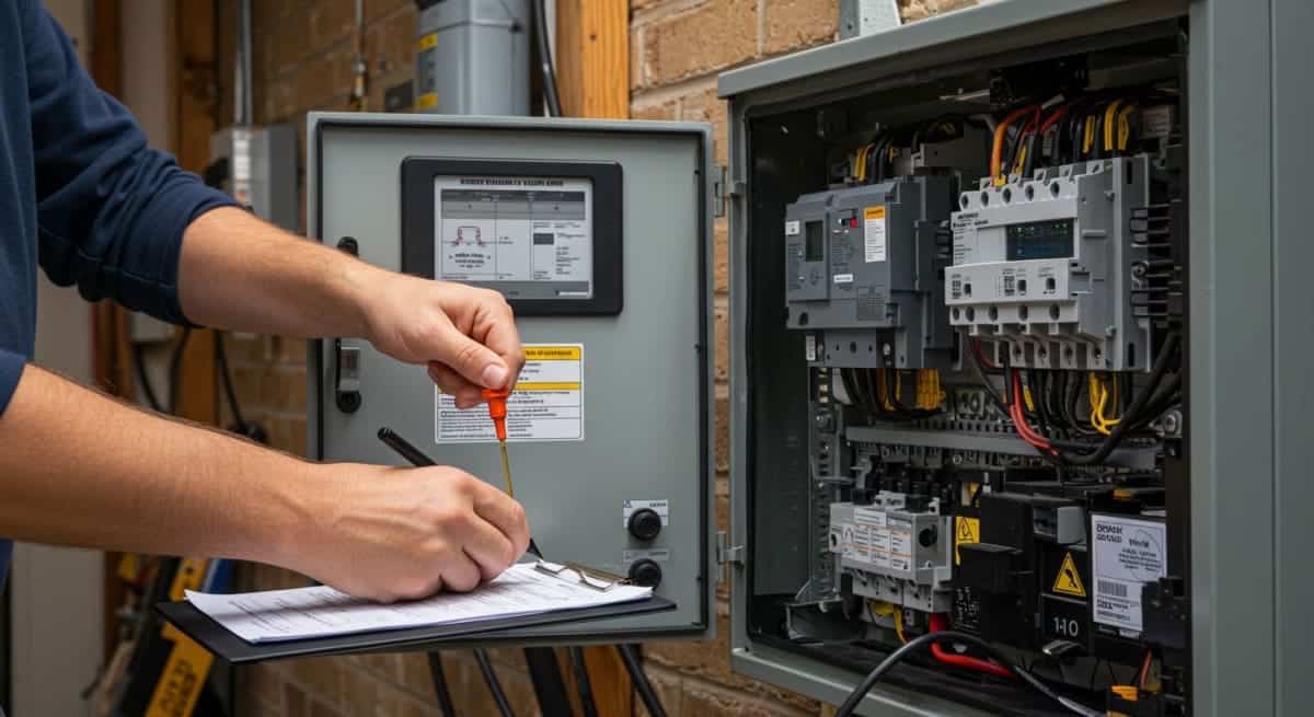 home backup generator - technician performing maintenance service on residential standby generator