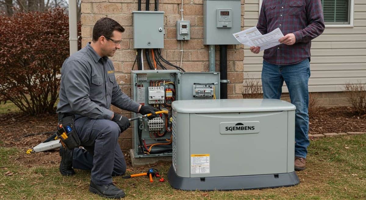 home backup generator - homeowner consulting with electrician about generator installation options