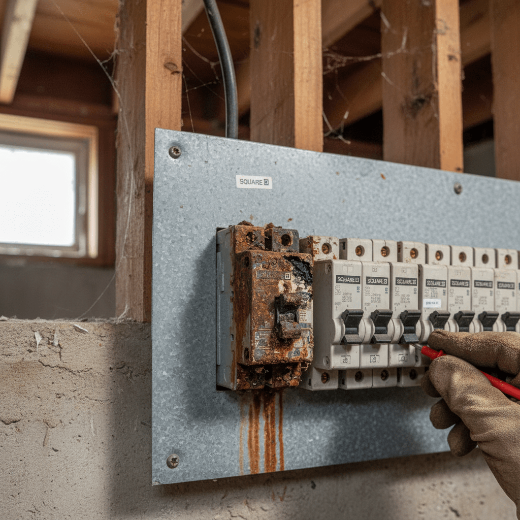 breaker switch replacement - close-up of corroded circuit breaker showing signs of failure and heat damage