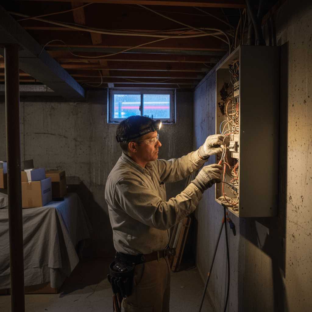 24 hour electrician - Licensed technician inspecting sparking electrical panel during emergency service call