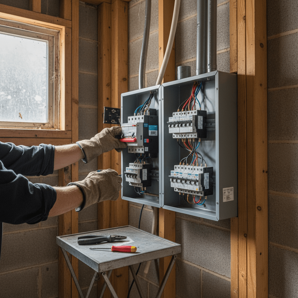 breaker switch replacement - commercial three-phase electrical panel with high-amperage circuit breakers