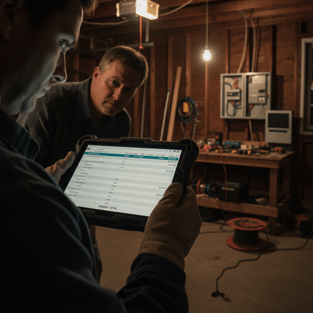 24 hour electrician - Upfront pricing quote being reviewed with homeowner before emergency electrical work begins