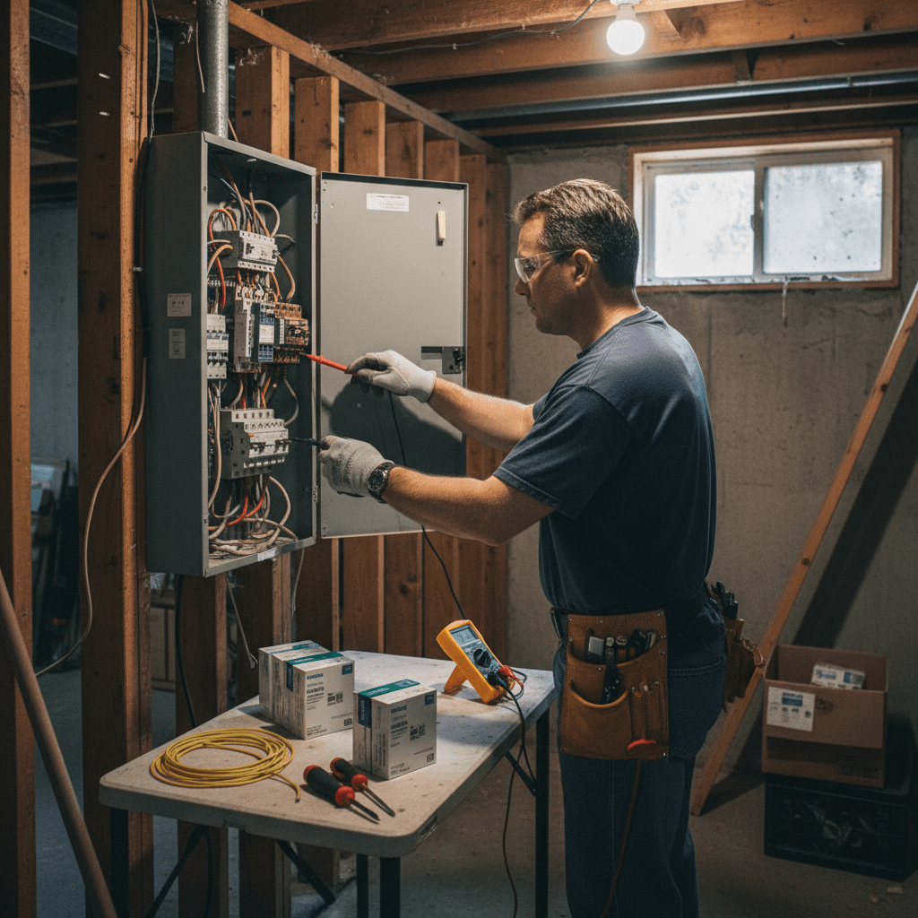 breaker switch replacement - licensed electrician performing safety inspection before circuit breaker replacement