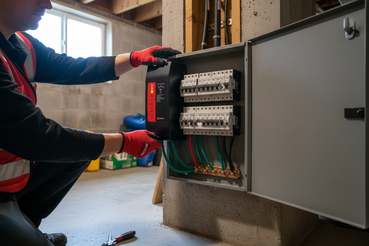 Whole home surge protector installation preventing electrical surges in Lexington residential panel