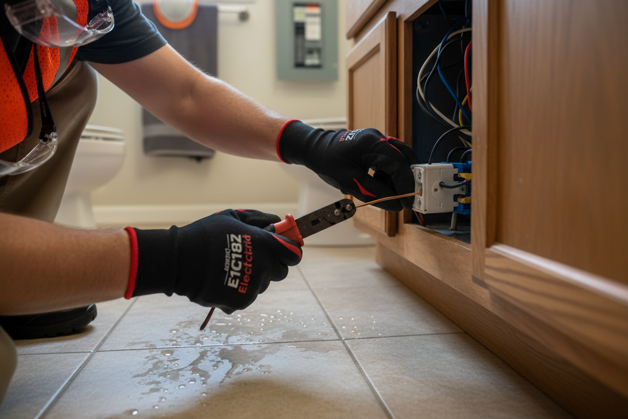Which action helps prevent electrical hazards when a floor is wet - GFCI protection installation in bathroom