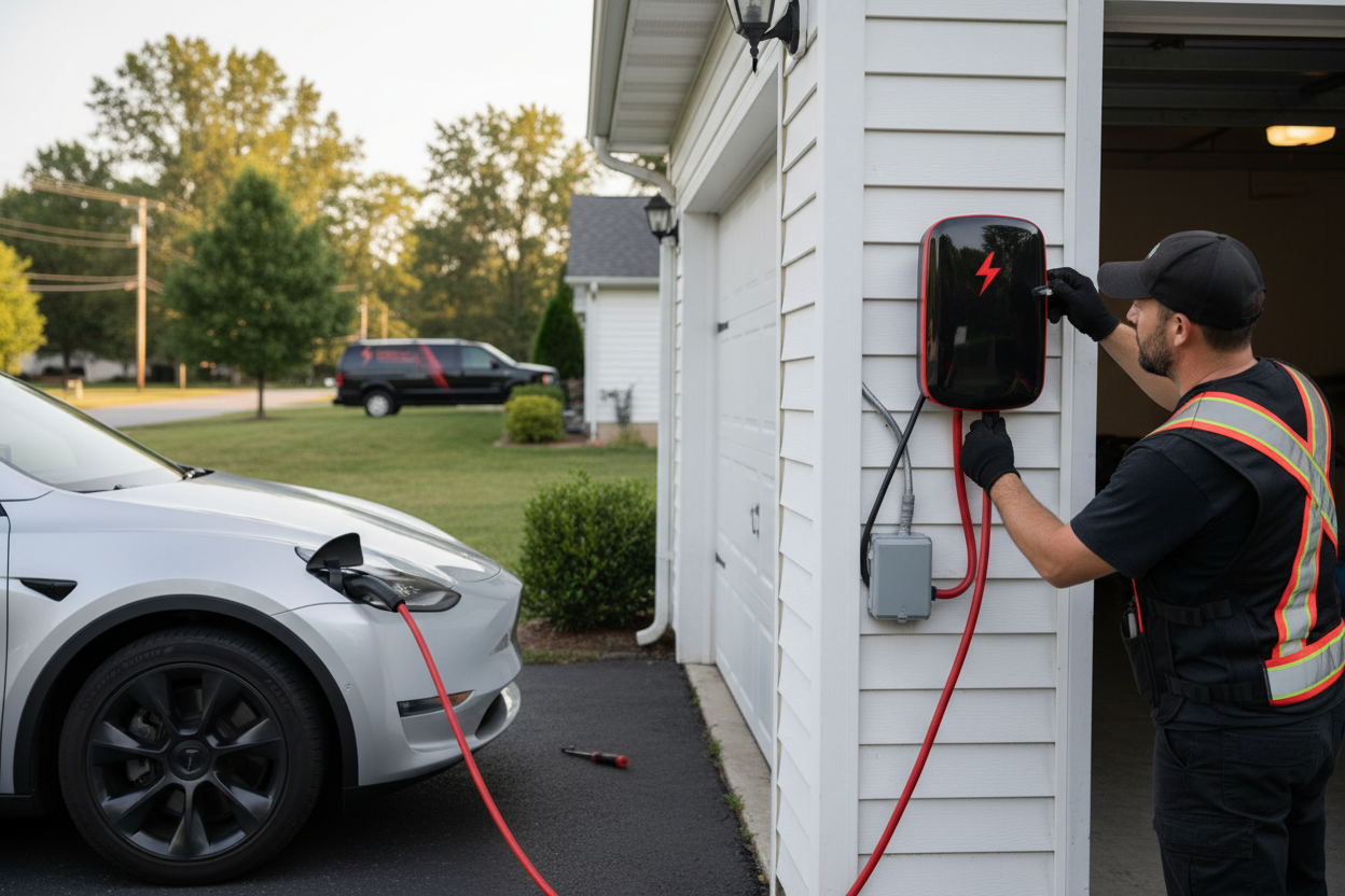 Level 2 ev charger installation completed in Versailles Kentucky residential garage showing mounted unit