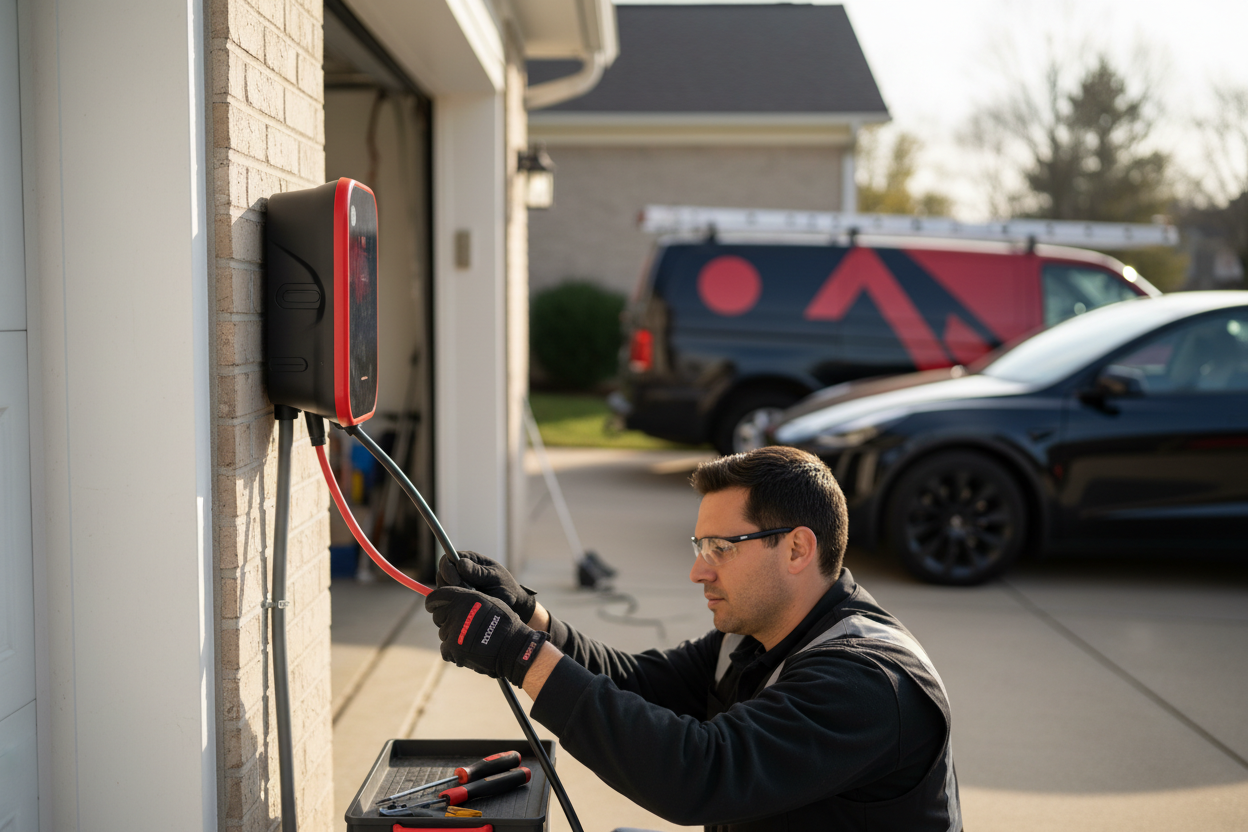 Level 2 ev charger installation in residential garage Kentucky showing completed setup