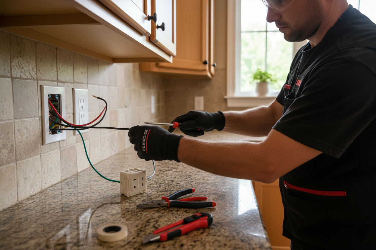 Outlet replacement near me with professional electrician using voltage tester during outlet inspection