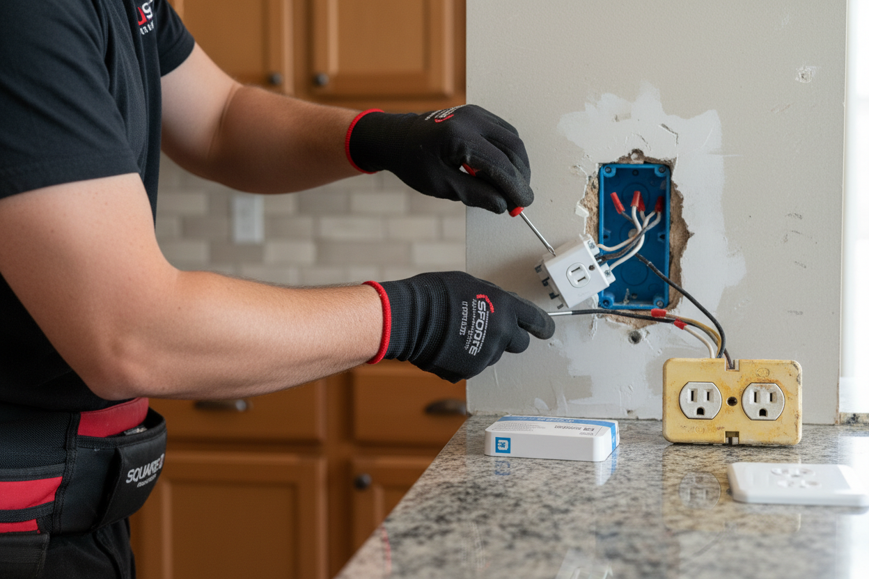 Outlet replacement near me showcasing modern USB outlet upgrade installation in contemporary kitchen